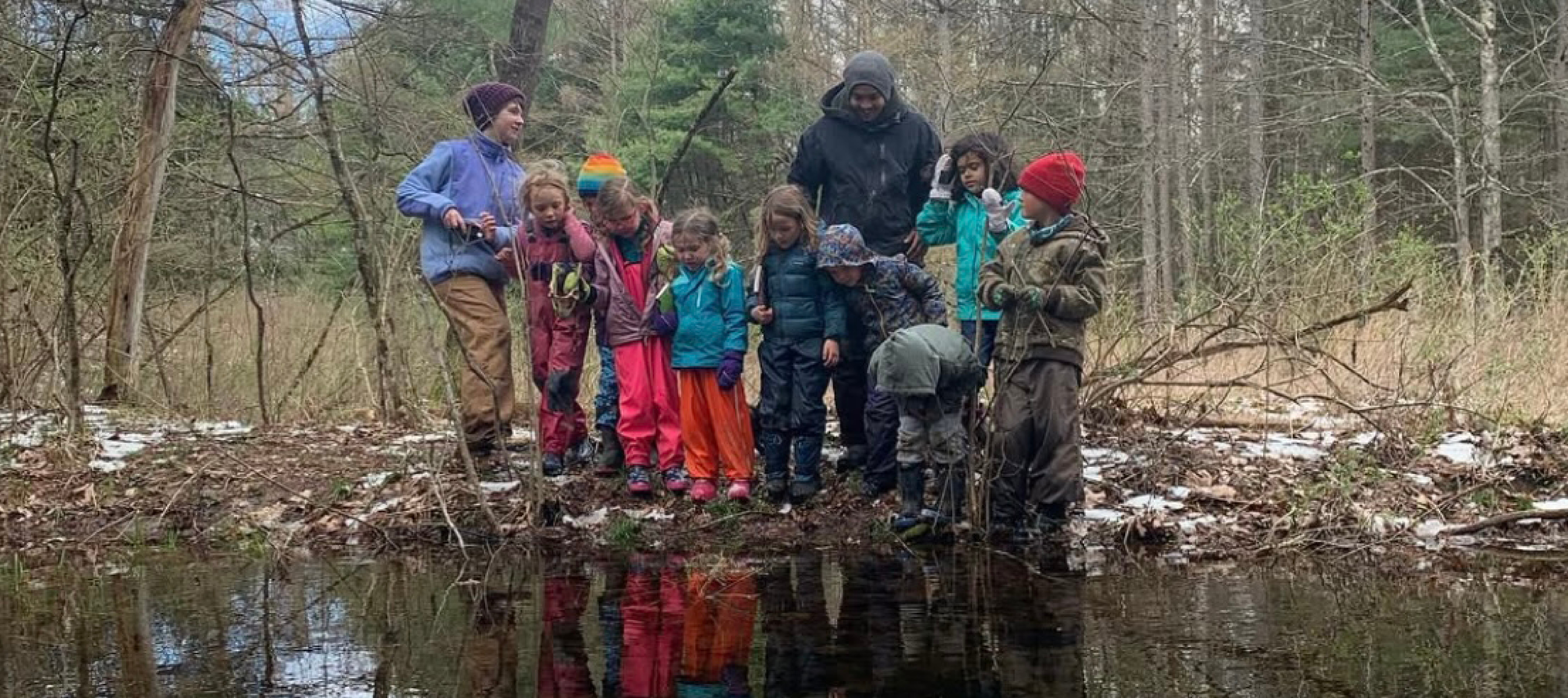 Group of children with 2 adults in the woods by a stream in the winter.