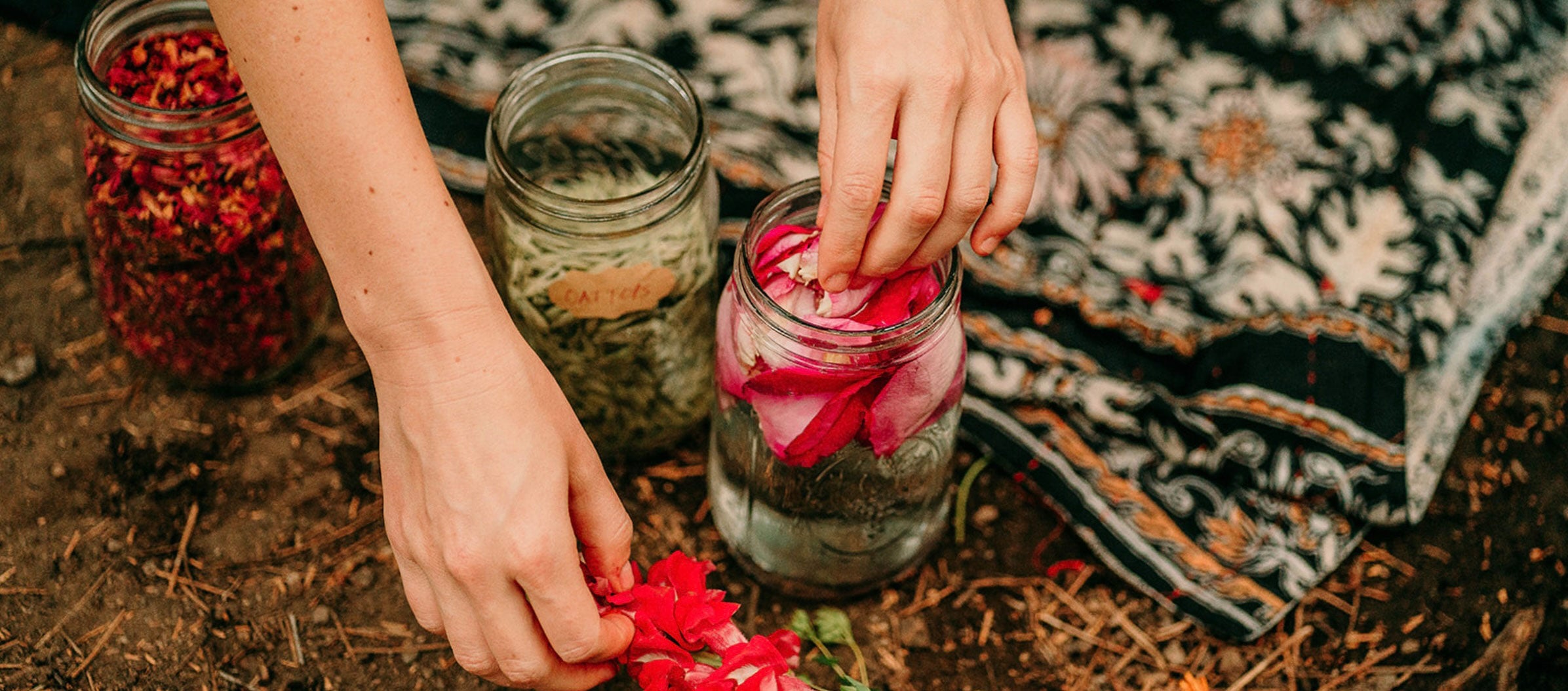 Person's hands putting flower petals into a jar.