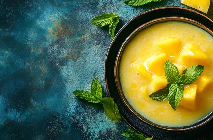 Bowl of chilled mango soup garnished with mint