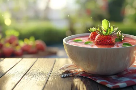 Bowl of chilled strawberry soup on a picnic table
