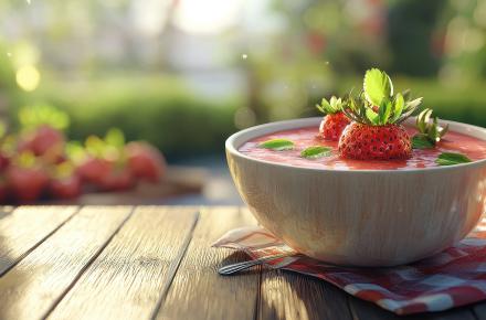 Bowl of chilled strawberry soup on a picnic table