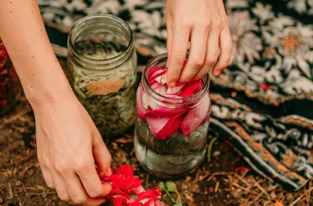 Person's hands putting flower petals into a jar.