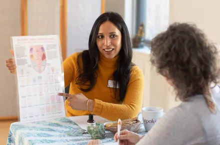 A woman provides an ayurvedic consultation to a client