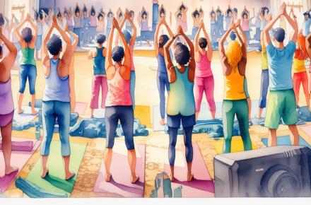 Watercolor picture of a group of people in a circle doing yoga in the Kripalu Main Hall