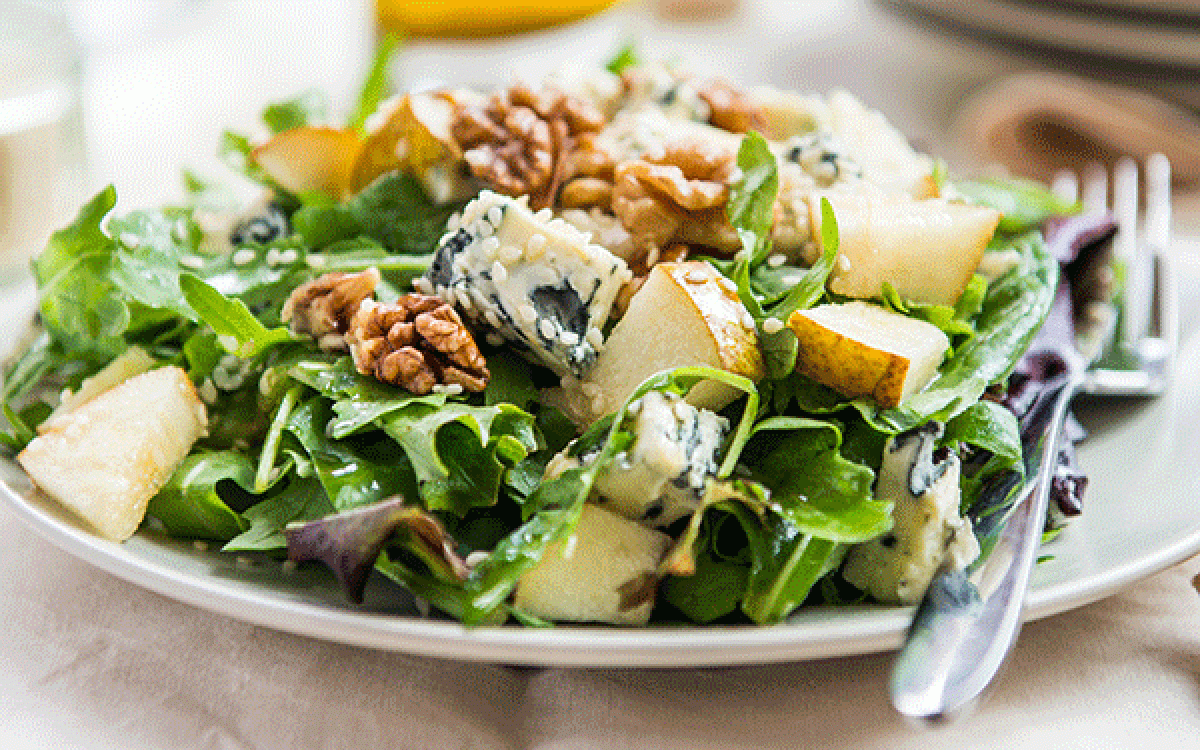 Kripalu Recipe Arugula Salad With Poached Pears Walnuts Chevre And A Balsamic Fig Reduction Kripalu