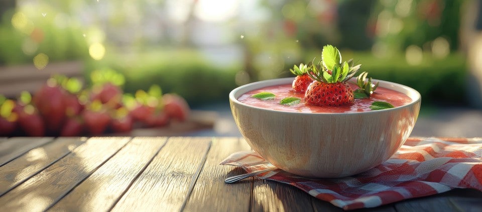 Chilled strawberry soup Bowl of chilled strawberry soup on a picnic table