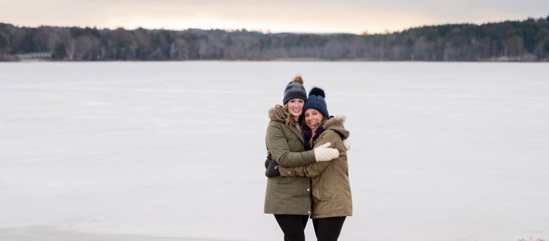 winter hugging on lake
