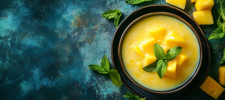 Bowl of chilled mango soup garnished with mint