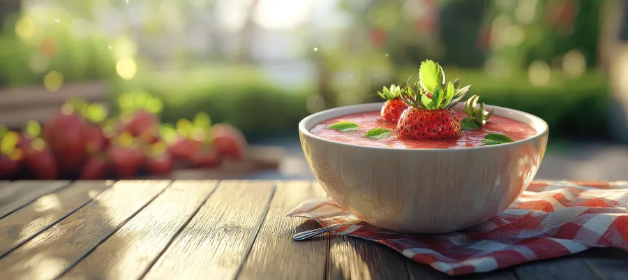 Bowl of chilled strawberry soup on a picnic table