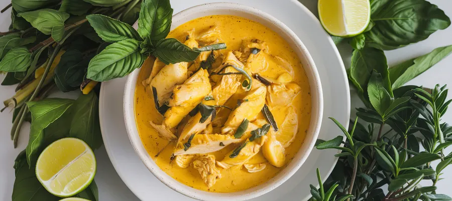 A photo of a bowl of yellow curry with chicken