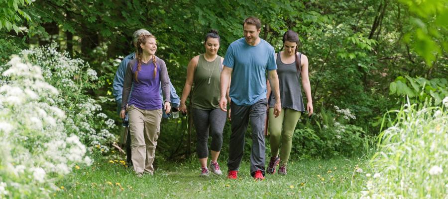 Group of people hiking outdoors in the spring