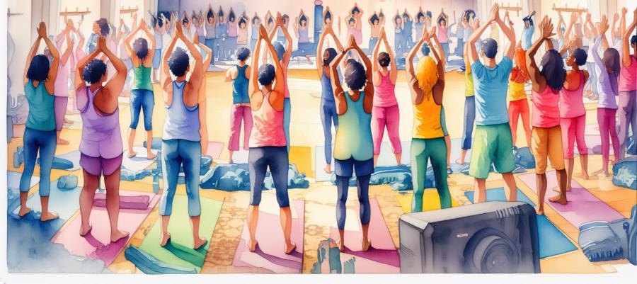 Watercolor picture of a group of people in a circle doing yoga in the Kripalu Main Hall