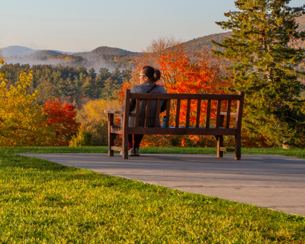 sitting outside on a bench in the fall