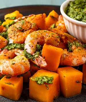 Butternut Squash and Spicy Cilantro Pesto with Shrimp or Tofu