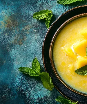 Bowl of chilled mango soup garnished with mint