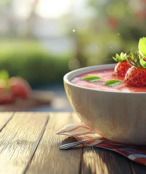 Bowl of chilled strawberry soup on a picnic table