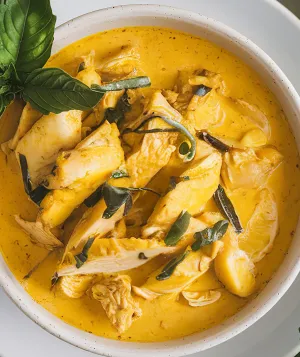A photo of a bowl of yellow curry with chicken