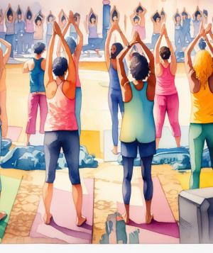 Watercolor picture of a group of people in a circle doing yoga in the Kripalu Main Hall